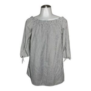 Small Emma Black & White Striped Off-Shoulder Tunic tie sleeves